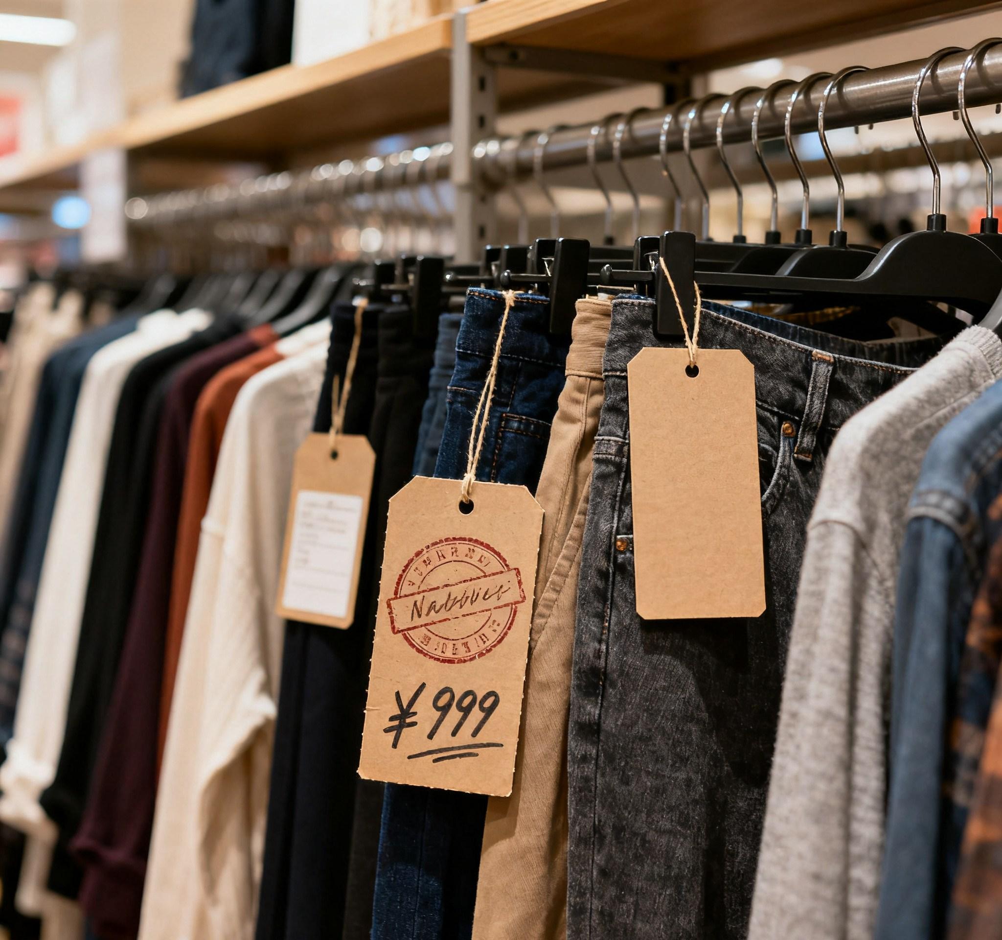 Stamp and cardboard price tags on clothing rack.
